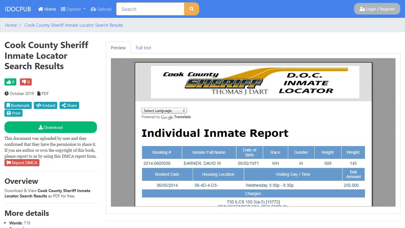 Cook County Sheriff Inmate Locator Search Results